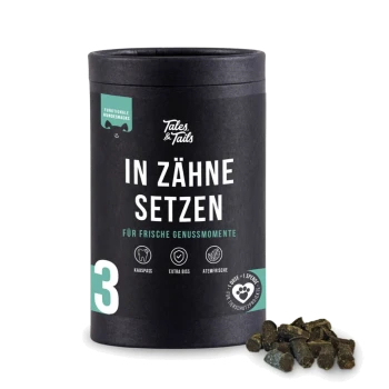 Schwarzer Behälter mit Tales & Tails Hundezahnpflege-Leckerlis mit deutschem Text und verstreuten Leckerlis daneben.