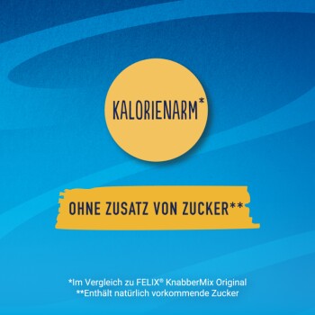 Blaue Tierfuttergrafik mit gelbem Kreis 'KALORIENARM*' und Banner 'OHNE ZUSATZ VON ZUCKER**'.