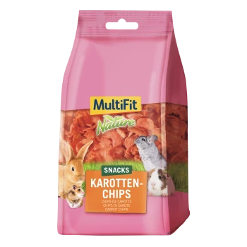 Rosa MultiFit Nature Tier-Snack-Tüte mit Aufschrift 'SNACKS KAROTTEN-CHIPS' und Bildern von Kaninchen, Hamster, Chinchilla und Meerschweinchen.