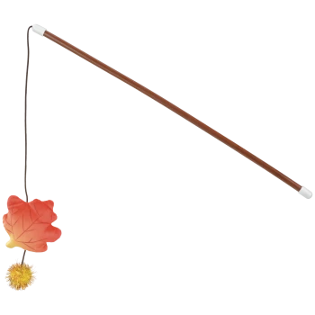Cat teaser wand toy: long brown rod with string, red fabric maple leaf and yellow pom-pom dangling