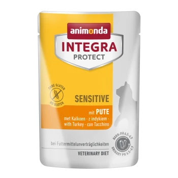 Animonda Integra Protect Sensitive huisdierenvoer zakje op een gele achtergrond, gelabeld "Geen Gluten," "met Kalkoen," en "Veterinaire Dieet."
