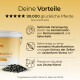 Gelber Pferdefutter‑Eimer und Pellets mit deutschem Text „Deine Vorteile“ und „90.000 glückliche Pferde“ sowie Vorteilssymbolen