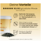 Gelber Pferdefutter‑Eimer und Pellets mit deutschem Text „Deine Vorteile“ und „90.000 glückliche Pferde“ sowie Vorteilssymbolen