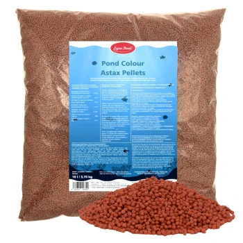 Lyra Pond Fischfuttereimer mit blauem Deckel, mit dem Text 'ALLES FÜR IHREN TEICH' und einem Haufen roter Fischpellets davor.