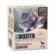 Verpackung für Katzenfutter mit einer Nahaufnahme einer grauen getigerten Katze, beschriftet mit "BOZITA" und "100% Tierprotein," "Getreidefrei," und "Stücke in Gelee."