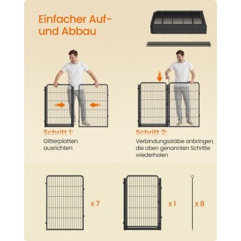 Mann montiert Metall-Paneele eines Tierauslaufs; deutscher Titel ‚Einfacher Auf- und Abbau‘, Schritte ‚Schritt 1‘ und ‚Schritt 2‘, Teile beschriftet mit x7 x1 x8.