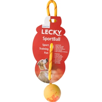 Ein farbenfrohes Lecky SportBall Hundespielzeug in Gelb und Orange, das einen Hund auf der Verpackung zeigt mit dem Text "Sport, Training, Spaß".