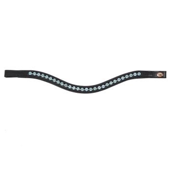 Schwarzes Lederhundehalsband, verziert mit hellblauen Strasssteinen, mit einem geschwungenen Design und einem kleinen Logohänger.