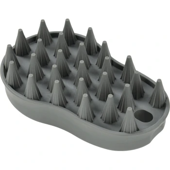 Brosse de toilettage pour animaux en silicone gris avec rangées de poils en caoutchouc coniques et un trou de suspension