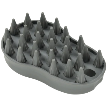 Brosse de toilettage pour animaux en silicone gris avec rangées de poils en caoutchouc coniques et un trou de suspension