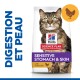 Sac de nourriture pour chats Hill's Science Plan présentant un chat tigré, étiqueté "Estomac & Peau Sensibles" avec du poulet, et "Recommandé par les Vétérinaires".