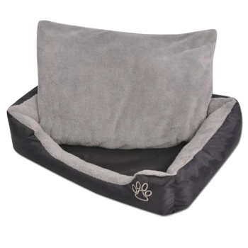 Ein gemütliches Haustierbett mit einem weichen grauen Fleece-Kissen und einer schwarzen Außenschale, mit einem Pfotenabdruck-Logo an der Seite.
