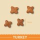 Four star-shaped pet food kibble pieces, brown in color, with a size reference of 14 mm, labeled "TURKEY" at the bottom.