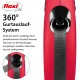 Rote flexi ausziehbare Hundeleine mit einem 360°-Gurtsystem, mit Text, der ihr verwicklungsfreies Design und ihre Funktionalität hervorhebt.