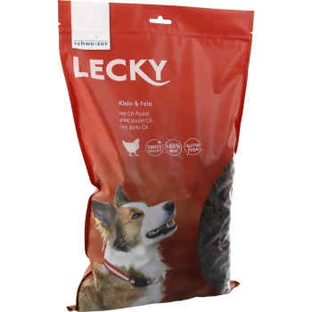 Klein & fein Geflügel 2.5 kg Rote Hundefuttertasche mit der Aufschrift "LECKY", die einen glücklichen Hund auf der Vorderseite zeigt, mit Text, der Schweizer Qualität, glutenfrei und über 65% Fleisch angibt.