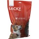 Rote Hundefuttertasche mit der Aufschrift "LECKY", die einen glücklichen Hund auf der Vorderseite zeigt, mit Text, der Schweizer Qualität, glutenfrei und über 65% Fleisch angibt.