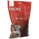Sac de nourriture pour chien rouge étiqueté "LECKY" avec un chien heureux sur le devant, avec un texte indiquant qualité suisse, sans gluten et plus de 65 % de viande.