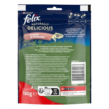 Paquet de friandises Purina Felix Naturally Delicious pour chats — saumon avec une touche d'épinard (Saumon d'Épinard), 180 g.