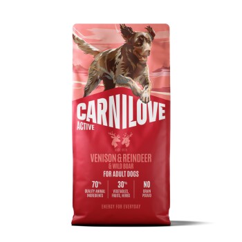 Sac CARNILOVE Active rouge pour chiens avec illustration d'un chien courant, venaison, renne et sanglier, pour chiens adultes.