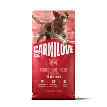 Sac CARNILOVE Active rouge pour chiens avec illustration d'un chien courant, venaison, renne et sanglier, pour chiens adultes.