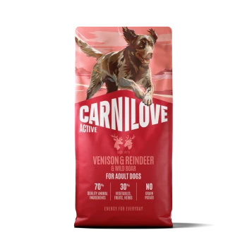 Sac CARNILOVE Active rouge pour chiens avec illustration d'un chien courant, venaison, renne et sanglier, pour chiens adultes.
