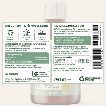 Flaschenetikett: AniForte Nachtkerzenöl-Futtermittel für Hunde & Katzen, 250 ml, Omega-6 & Omega-9, Dosierung: ½ TL für Hunde / ¼ TL für Katzen.