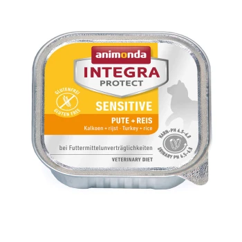 Integra Protect Sensitive 16x100 g Dinde et riz Emballage de nourriture pour animaux Animonda Integra Protect Sensitive avec dinde et riz, étiqueté sans gluten, avec des informations sur le régime vétérinaire.