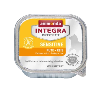 Animonda Integra Protect Sensitive Haustierfutterverpackung mit Truthahn und Reis, als glutenfrei gekennzeichnet, mit Informationen zur veterinärmedizinischen Diät.