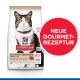 Un sac de nourriture pour chat avec un chat tigré, étiqueté "Hill's Science Plan Culinary Creations Adult 1-6," avec un cercle rouge indiquant "Neue Gourmet-Rezeptur."