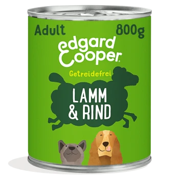 Dose Edgard Cooper Hundefutter für Erwachsene, getreidefrei, Lamm- und Rindergeschmack, 800g, mit Hundeillustrationen auf grünem Etikett.
