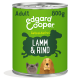 Dose Edgard Cooper Hundefutter für Erwachsene, getreidefrei, Lamm- und Rindergeschmack, 800g, mit Hundeillustrationen auf grünem Etikett.