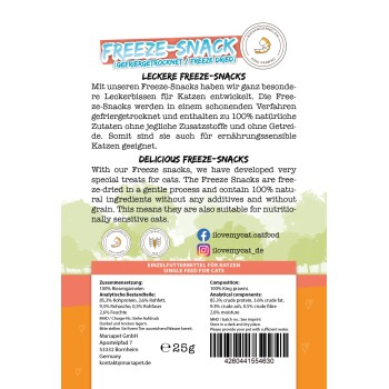 Gefriergetrocknete Katzenleckerlis mit 100% Königsgarnelen, mit Nährwertinformationen und ohne Zusatzstoffe. Geeignet für empfindliche Katzen.