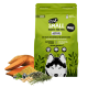 Grüne Verpackung des Hundefutters 'eat SMALL Insects for Pets', beschriftet mit 'ACTIVE', mit einer Grafik eines Huskys, daneben Süßkartoffeln und Getreide.