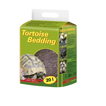 Emballage de produit de literie pour tortue avec une image de tortue, un fond vert et un texte indiquant "20 l" et "Lucky Reptile."