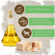 Eine Glasflasche mit gelbem Öl neben beigen Stücken, mit dem Text: "gleicht Mängel aus," "fördert Vitalität," und "unterstützt das Immunsystem."