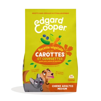 Sachet de nourriture pour chiens Edgard Cooper - recette végétale 'Carottes et Courgettes', 'Chiens Adultes Medium', légumes et chiens en illustration.