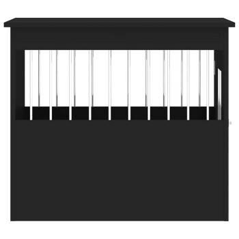 Schwarze Holztierbox mit vertikalen Metallstäben im oberen Bereich und einer geschlossenen unteren Hälfte.