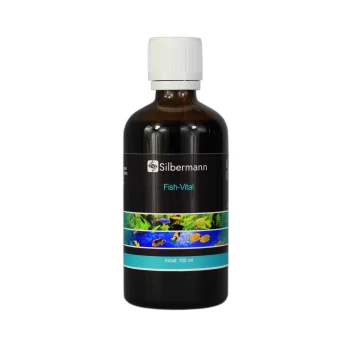 Flasche Silbermann Fish-Vital, ein Fischpräparat, mit 100 ml, mit aquatischen Bildern auf dem Etikett.