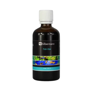 Flasche Silbermann Fish-Vital, ein Fischpräparat, mit 100 ml, mit aquatischen Bildern auf dem Etikett.