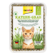 Verpackung für GimCat Katzengras, mit einer Nahaufnahme des Gesichts einer orangefarbenen getigerten Katze, mit Text in mehreren Sprachen und Grafiken von grünem Gras.