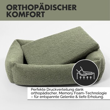 Grünes orthopädisches Haustierbett mit abnehmbarem Kissen, entworfen für Druckverteilung und Gelenkentspannung mit Memory-Schaum.