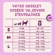 Tableau d'alimentation pour animaux rose : 'VOTRE GOBELET DOSEUR VA DEVOIR S'ENTRAÎNER' ; tableau S/M/L 0–40 kg → 14 g–363 g ; icône 24h.