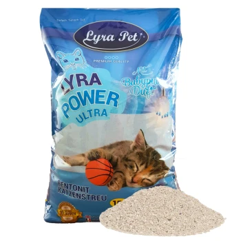 Lyra Pet Power Ultra Katzenstreutüte mit einem schlafenden Kätzchen mit einem Basketball, beschriftet mit "Bentonit Katzenstreu" und "Premium Qualität."