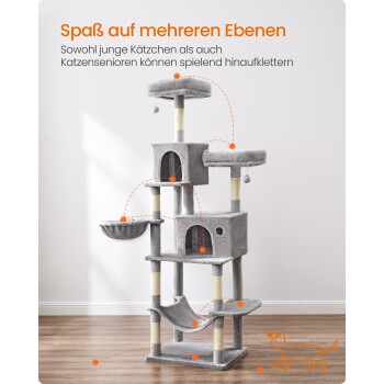 Grauer Katzenbaum mit mehreren Ebenen, Kratzpfosten und gemütlichen Verstecken, 199 cm hoch und 60 cm breit.