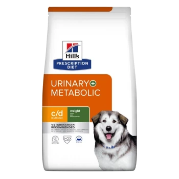 Hill's Prescription Diet Urinary + Metabolic hondenvoerzak met een lachende hond, met 'Veterinair Aanbevolen' en voedingsclaims.