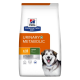 Hill's Prescription Diet Urinary + Metabolic Hundefutterbeutel mit einem lächelnden Hund, mit 'Vom Tierarzt empfohlen' und Nährwertangaben.