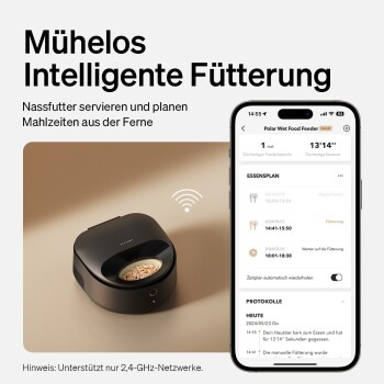Intelligenter Futterspender mit einer Schüssel mit Nassfutter, die eine mobile App-Oberfläche für die Mahlzeitenplanung und Fütterungsprotokolle anzeigt. Text auf Deutsch.