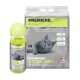Klumpende Katzenstreu und Deodorant von PREMIERE, mit einer grauen Katze und einem Zitronengrasduft. Die Streutüte wiegt 12 kg.