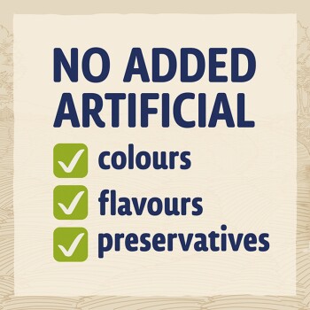 Image promoting pet food with the text "NO ADDED ARTIFICIAL" followed by checkmarks for "colours," "flavours," and "preservatives."