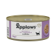 Dosenkatzenfutter von Applaws, beschriftet mit "Makrele mit Sardinen in Brühe," 156g, mit einer Katzensilhouette und "100% natürliche Zutaten."